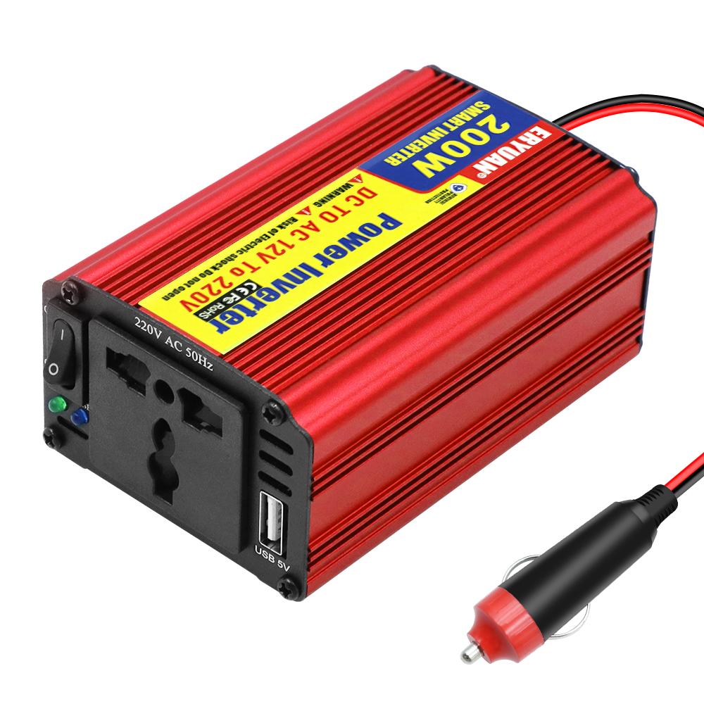 Car power inverter DC/AC converter universal AC socket with USB charger port 200W cigarette lighter plug/clip adapter DC 12V to AC 220V