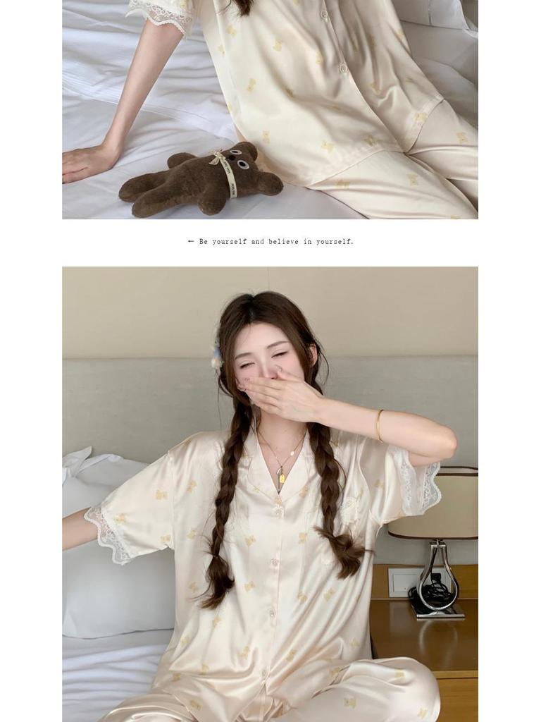 Damen Eisseiden-Pyjama - Sommer Niedliches Bär-Design, Cartoon-Stil, Kurzarm, Lange Hose, Hochwertiges Gefühl, Homewear