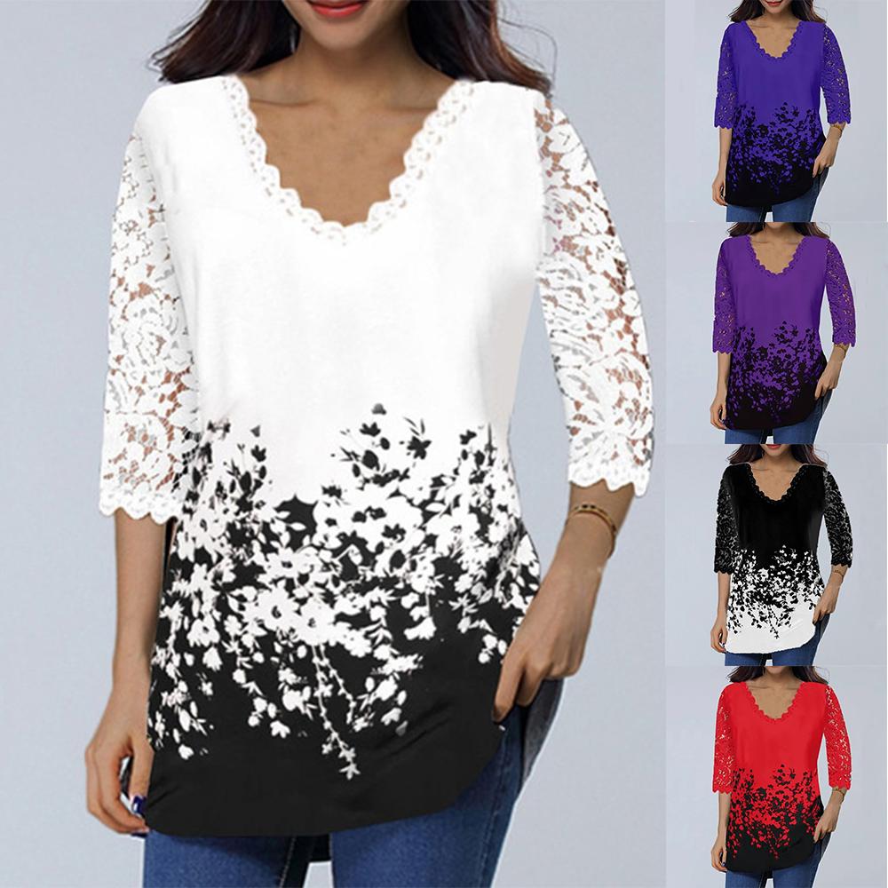 

Женская свободная рубашка с принтом, туника, топы, женская кружевная повседневная пуловер с v-образным вырезом, блузка