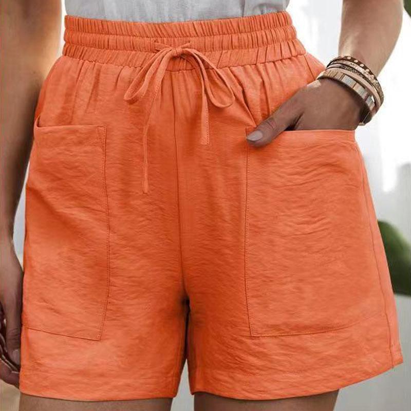 Womens Solid Color Casual Drawstring Shorts Elastic High Waist Pockets Loose Fit Summer Shorts