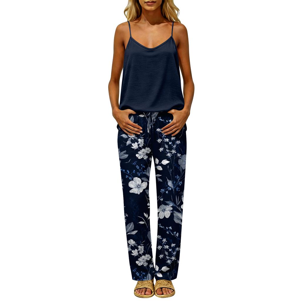 Women's Color Backless Sleeveless Pullover Top & Elastic Waist Pants Set, Casual Loungewear