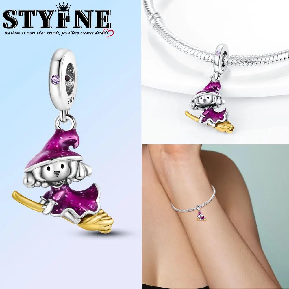 Kupfer Lila Magischer Besen Halloween Charm Anhänger Perlen Passen Original Armband Für Frauen Valentinstag Schmuck Geschenke