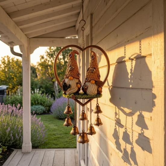 Sunlight Catching Home Decor Heart-Shaped Couple Wind Chime, Honeybee Gnome & Red Bird Outdoor Hanging Decor, Decorative Doorbell