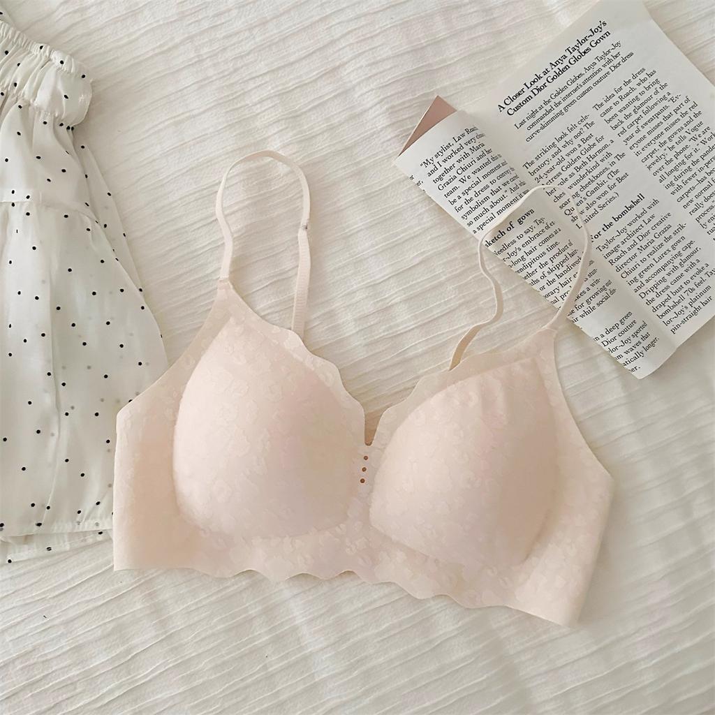Cream floral, underwear women's small breasts gather thin, no steel ring jelly strip soft support pull French bra cover