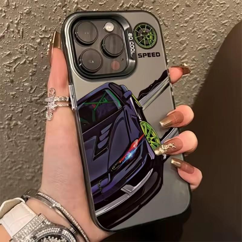 Fashionable car print anti-drop phone case for iPhone 16 13 14 11 12 15 plus 16 Pro Max X XR Xs colored silver IMD hard cover