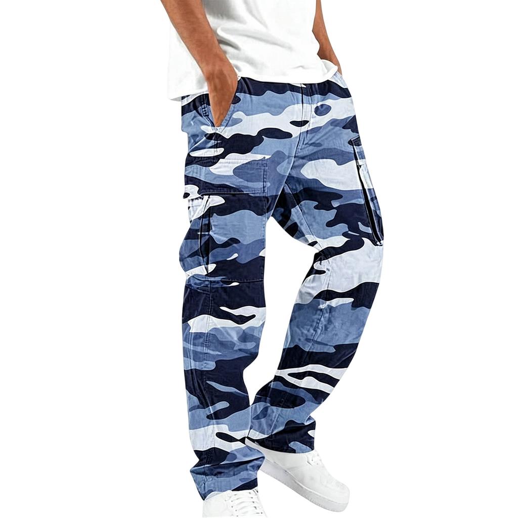 Men Drawstring Elastic Waist Cargo Pants Four Pockets Digital Print Loose Fit Long Trousers for Daily Outdoor Wear