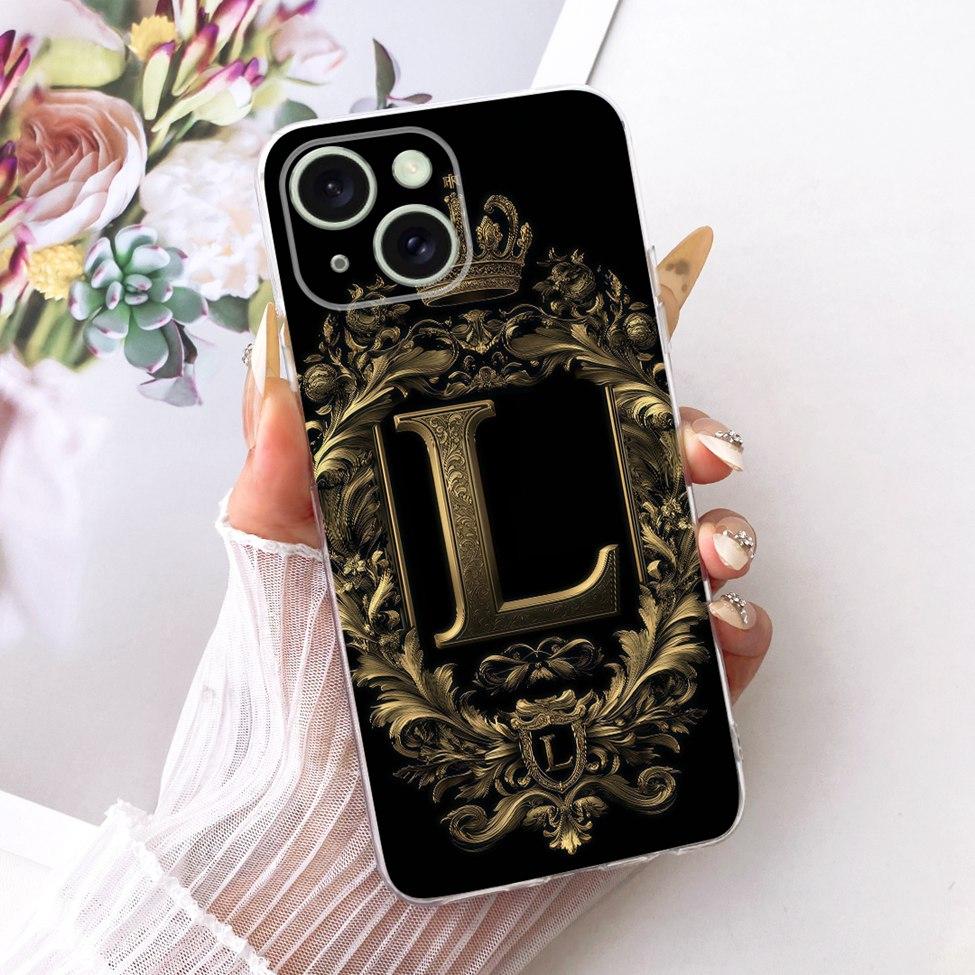 Transparent For iPhone 15 Case Cover Transparent Luxury Crown A-Z Letters 2D Flat Pattern Soft Casing A3092 A3090 A2846 A3089