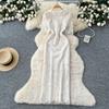French Retro Style Short-sleeved Dress Women's Summer Mesh Hollow Single-breasted Slim-fitting Chic Royal Sister Temperament Long Dress