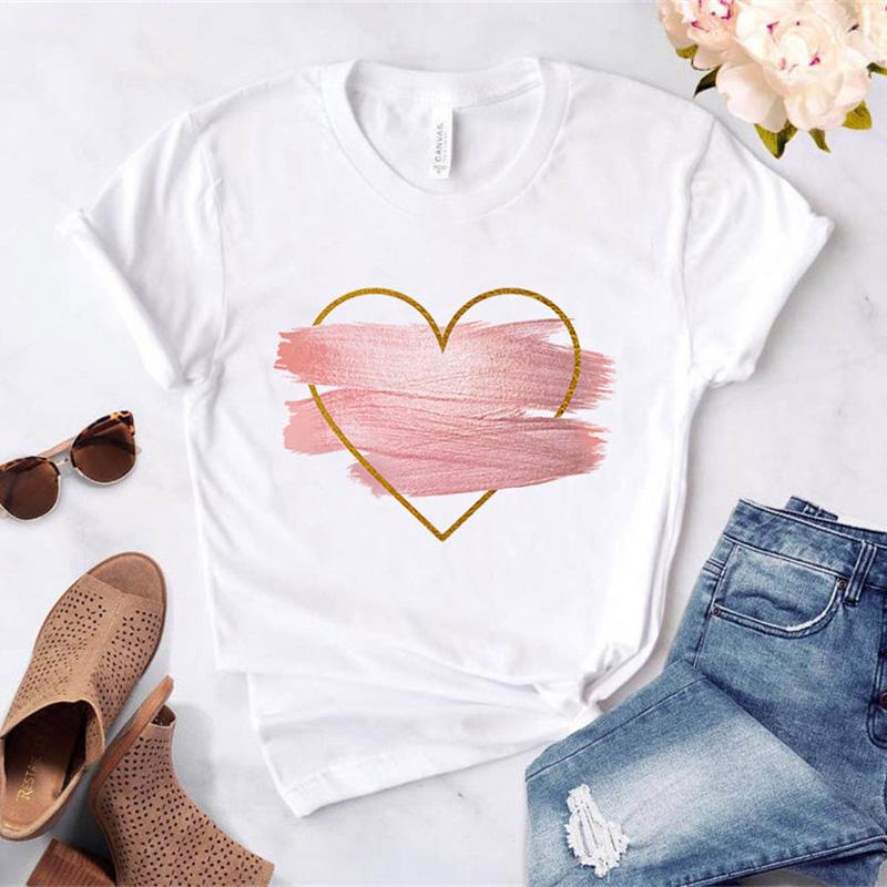 

2025 Summer Women T Shirt Red Pink Heart Print Female Aesthetic Ladies Cute Tee Top Graphic T Shirts XXXL білий