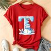Christmas Snowman Alphabet T-Shirt Women Blue Ice Alphabet Graphic Tees Christmas Holiday Casual Red Short Sleeve Unisex Tops