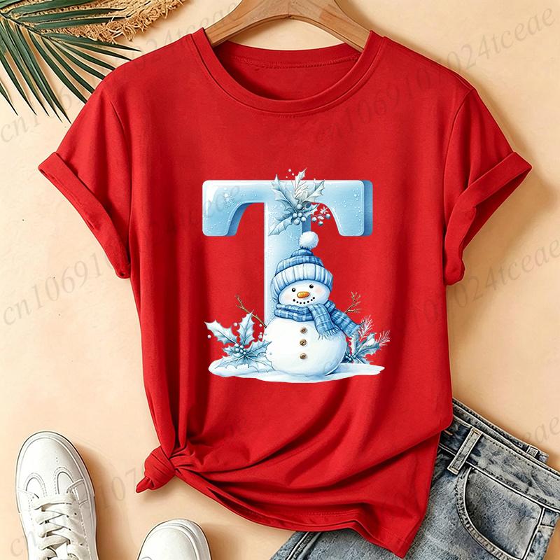 Christmas Snowman Alphabet T-Shirt Women Blue Ice Alphabet Graphic Tees Christmas Holiday Casual Red Short Sleeve Unisex Tops