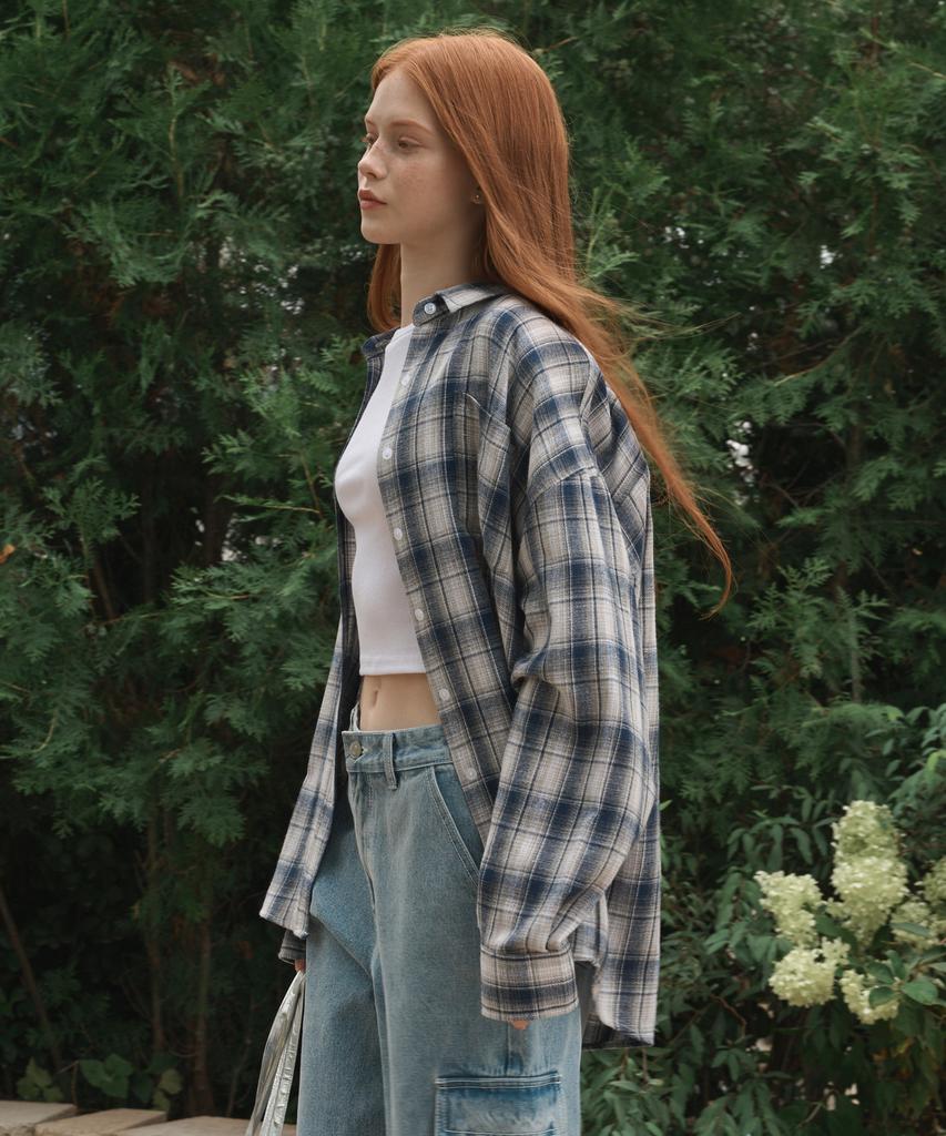 LOSSYROW Oversized Checkered Shirt Blue