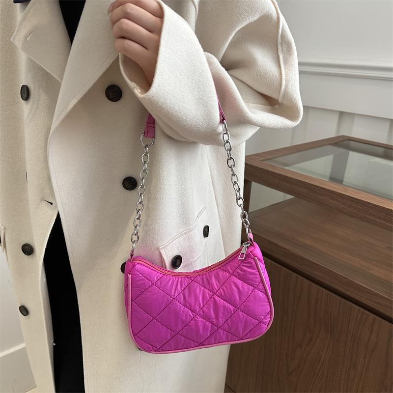 2025 winter new personalized trend rhombus embroidery thread chain women's bag simple portable shoulder armpit crescent bag