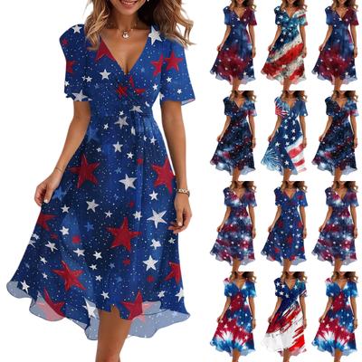 Damen Lässiges V-Ausschnitt Kurzarm Unabhängigkeitstag Print Kleid
