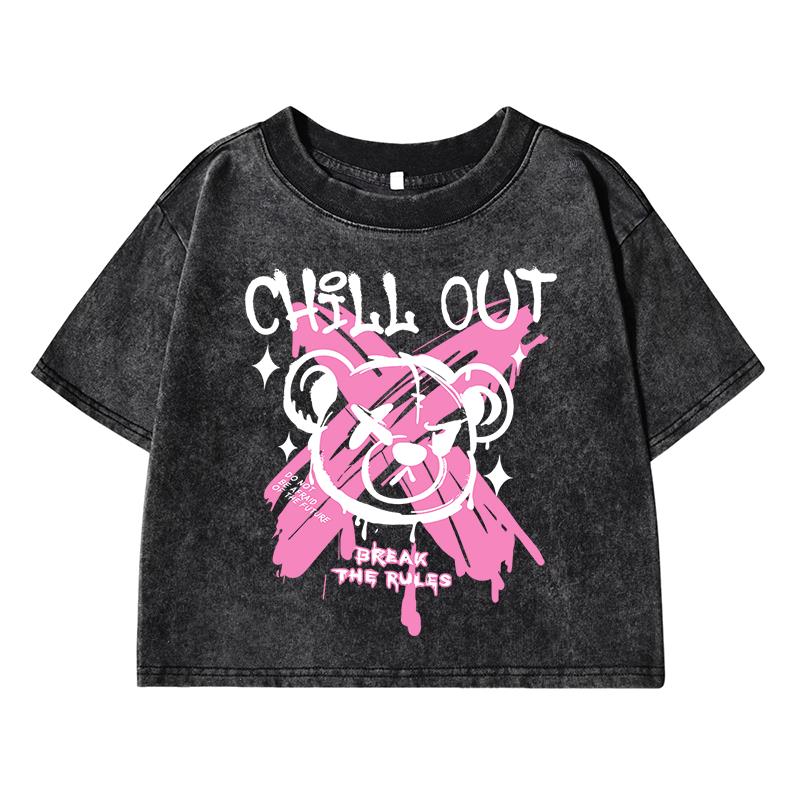 

Женская футболка с принтом медведя Chill Out, короткая, для стирки, летняя, дышащая, уличная мода, ретро, с эффектом потертости XL