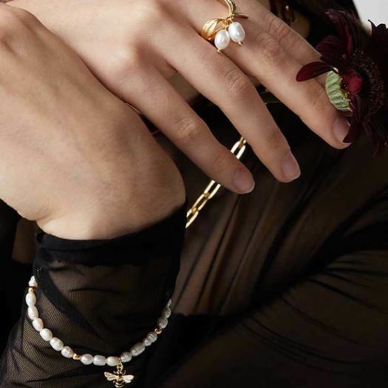 Ollia Baby Pearl Freshwater Pearl Leaf Free Size Ring