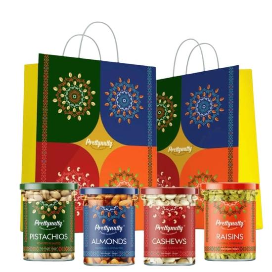 

PrettyNutty Diwali Gift Сухофрукты Комбо-Упаковка 400 г (Миндаль, кешью, фисташки, изюм) – Идеально подходит для подарков и празднования праздников