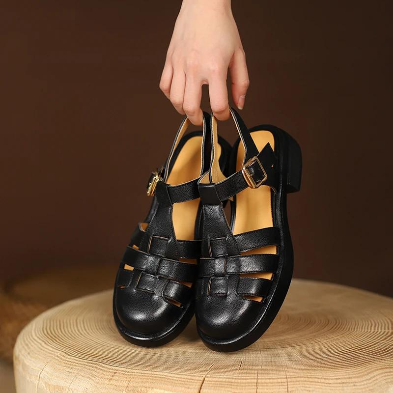 Fashion 2025 Women Sandals Retro Genuine Leather Luxury Roman Sandals Casual Buckle Strap Summer Shoes GLADIATOR Thick Heel Women Shoes