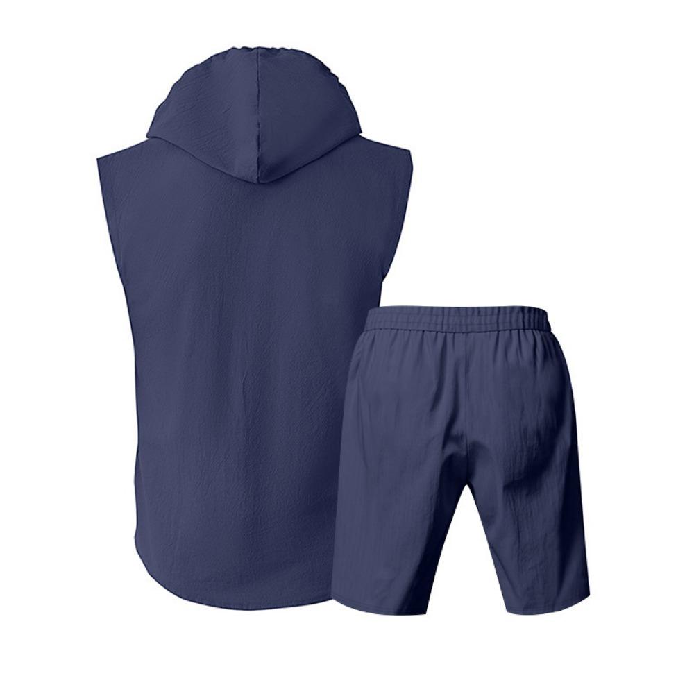Mens Summer 2 Piece Outfit Shorts Set with Sleeveless Hooded Shirt Top Cotton Beach Casual Loose Fit Comfortable Athletic