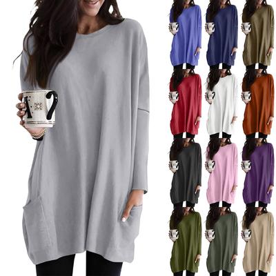 Women's Fashion Casual Round Neck Small Pocket Medium Long Colour Long Sleeve Top