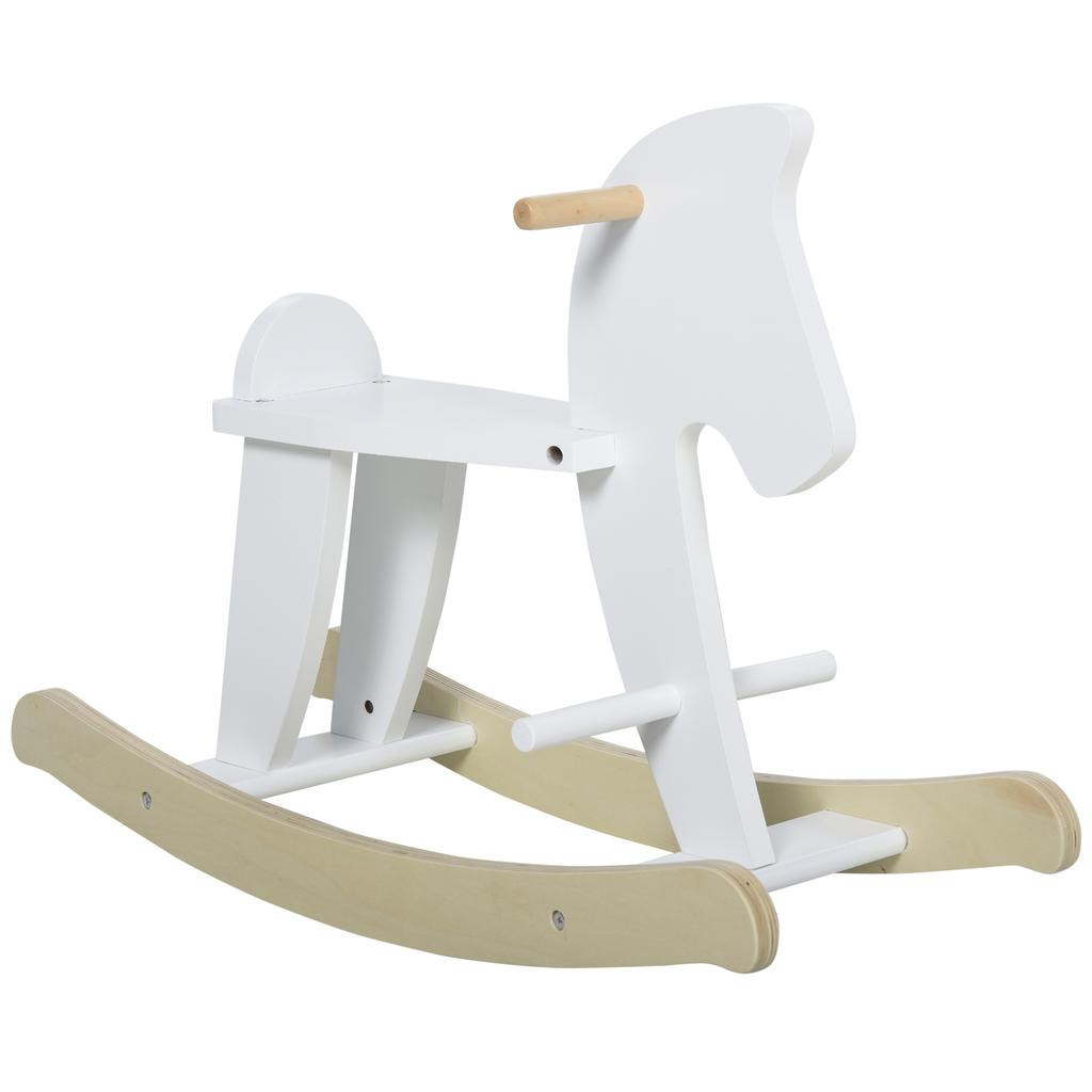 Wooden Rocking Horse - Rocking Toy With Handles, Footrest and Stops - White MDF Plywood and Natural Wood