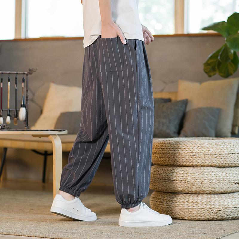 Japanese Style Stripe Summer Cotton Linen Harem Pants Men Streetwear Breathable Beach Pants Male Casual Calf-Lenght Trousers