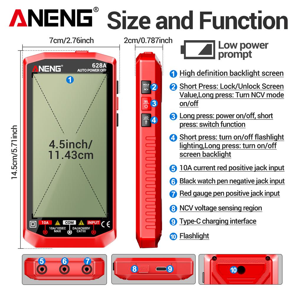ANENG 628A Digital Multimeter Rechargeable Professional 6000 Counts AC/DC Voltage Current Ammeter Capacitor Detector Electrician Tools Digital Display