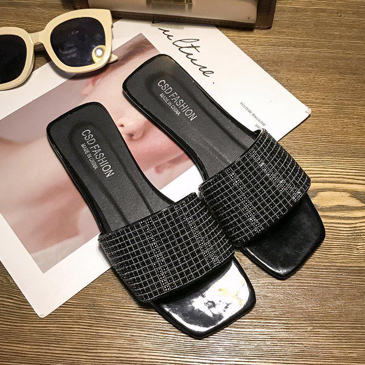 Women's Summer 2019 Rhinestone Flat Sandals - Trendy Korean-Style One-Line Slippers