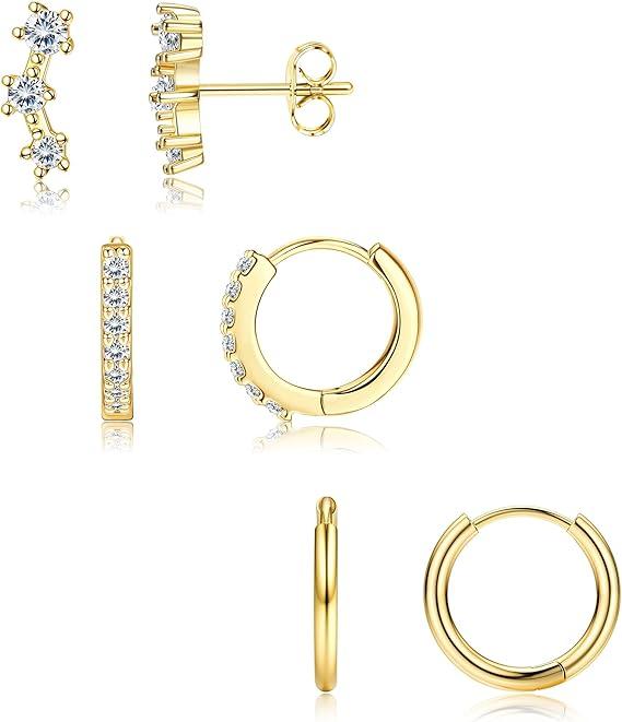 Bobisty 6Pairs Earrings for Women 14K Gold Plated Stud Hoop Stacks Earrings Set 316L Surgical Steel Earring Piercing Jewellery