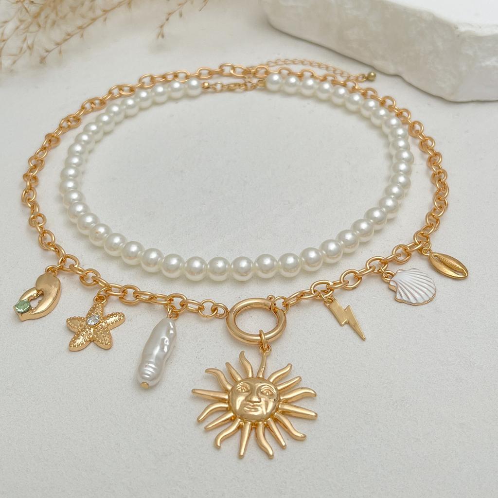 Beach Vacation Starfish Shell Pendant Collarbone Necklace, Ocean Style Imitation Pearl Beaded Necklace