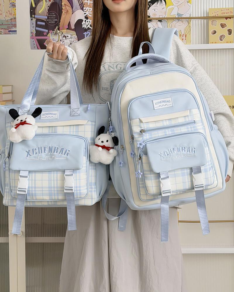 Schoolbag High Value Contrasting Color Plaid Schoolbag Junior High School Student Large Capacity Computer High School Student Backpack Campus