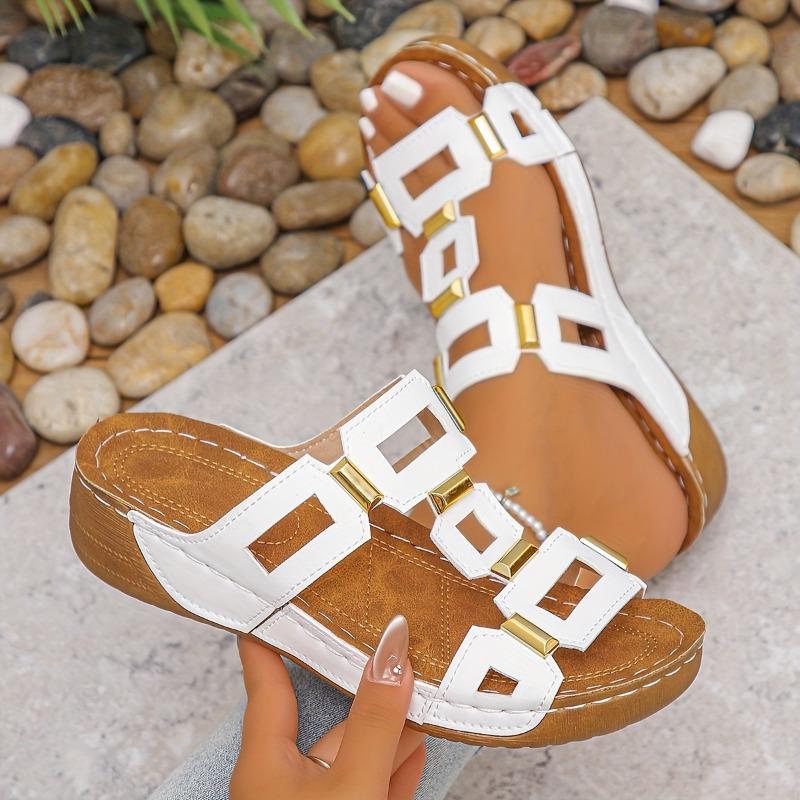 Women's White/Black/Golden/Brown Platform - Slip-On Thick Sole Mule Slippers with Back Strap, Open-Toe Summer Beach Shoes, Comfortable Casual Dress