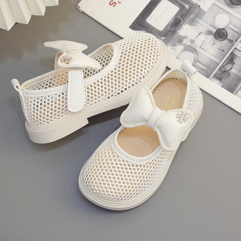 Girls Hollow Sandals with Bow-knot Round-toe Non-slip Children Princess Shoes Air Mesh Kids Half Sandals Breathable 2024 New