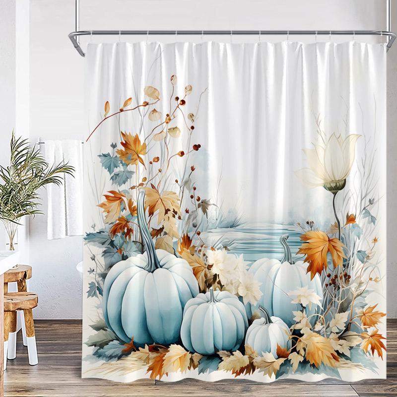 Autumn Pumpkin Shower Curtains Fall Watercolour Plant Leaves Modern Minimalist Polyester Fabric Home Bathroom Decor With Hooks