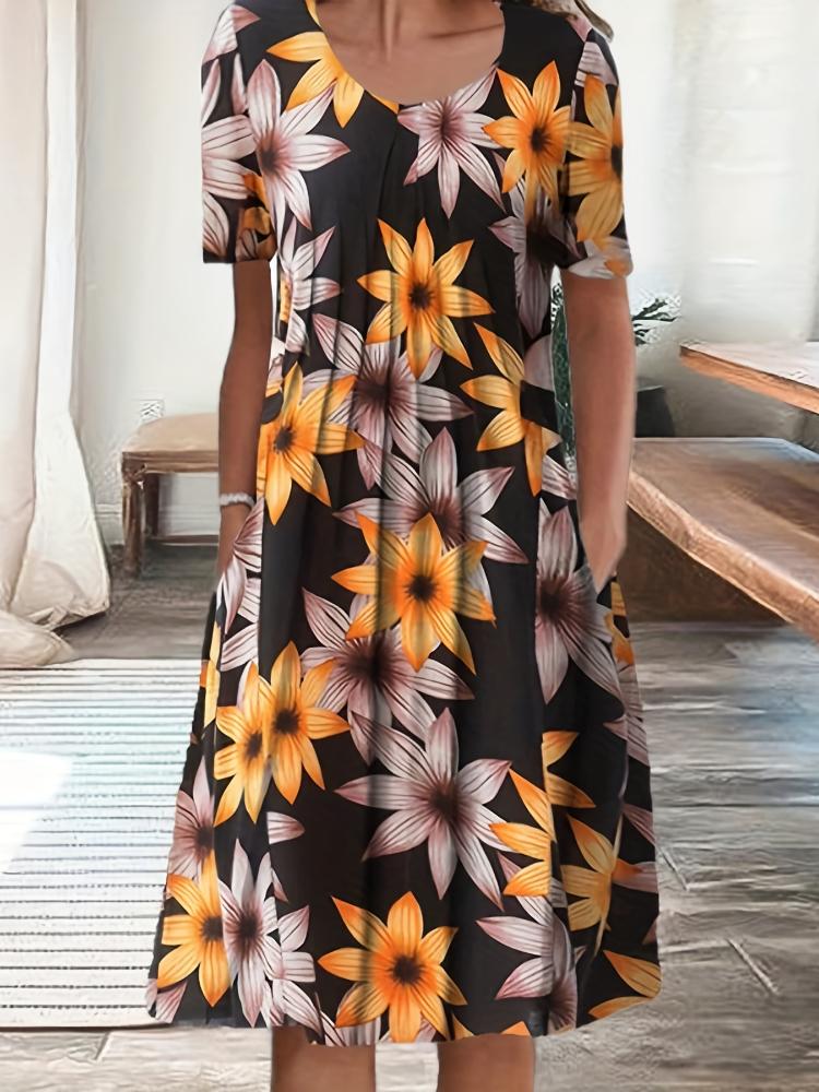Summer Casual Retro Pleated Printed Beach Skirt Women Long Style Large Skirt Hem Elegant Female Vintage Round Neck Short Sleeved Ladies Party Dress