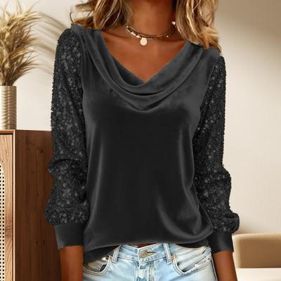 Yousheng Women Tops Piled Collar Sequined Long Sleeves Velvet Texture Blouse Solid Color Loose Fit Stretchy Casual Tops Party Work Date Wear