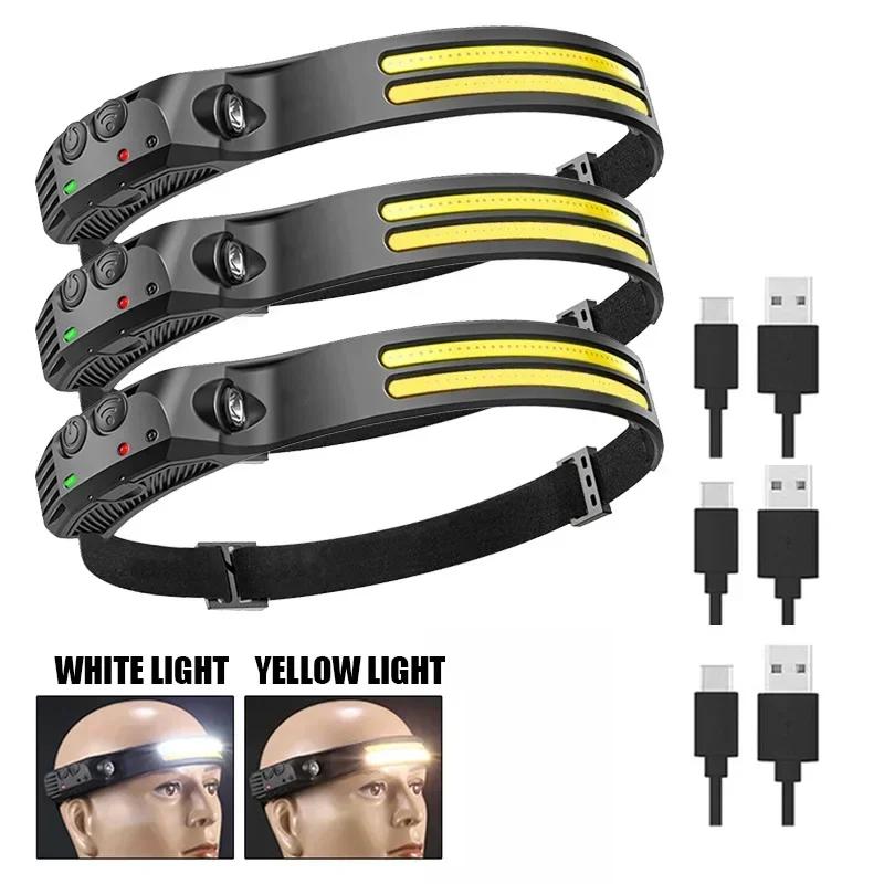 New Induction COB LED Headlamp USB Rechargeable Use 18650 Battery Headliaght Torch 8 Lighting Modes Outdoor Working Lantern