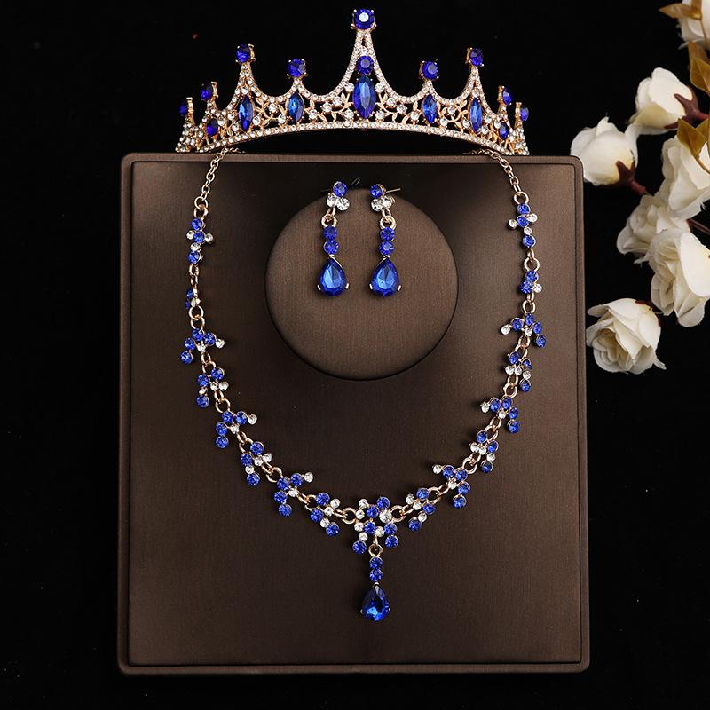 DIEZI Baroque Bridal Rhinestone Crown Tiaras For Women Wedding Princess Queen Blue Crystal Tiaras Necklace Earrings Jewelry Sets