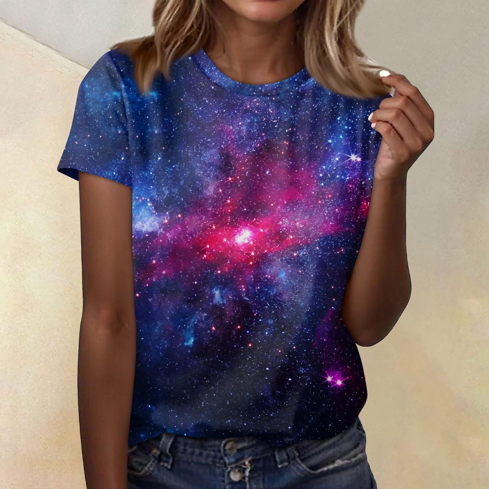 

Women s Casual Loose Printed T-shirt Round Neck Pullover Short Sleeved Top XL фіолетовий
