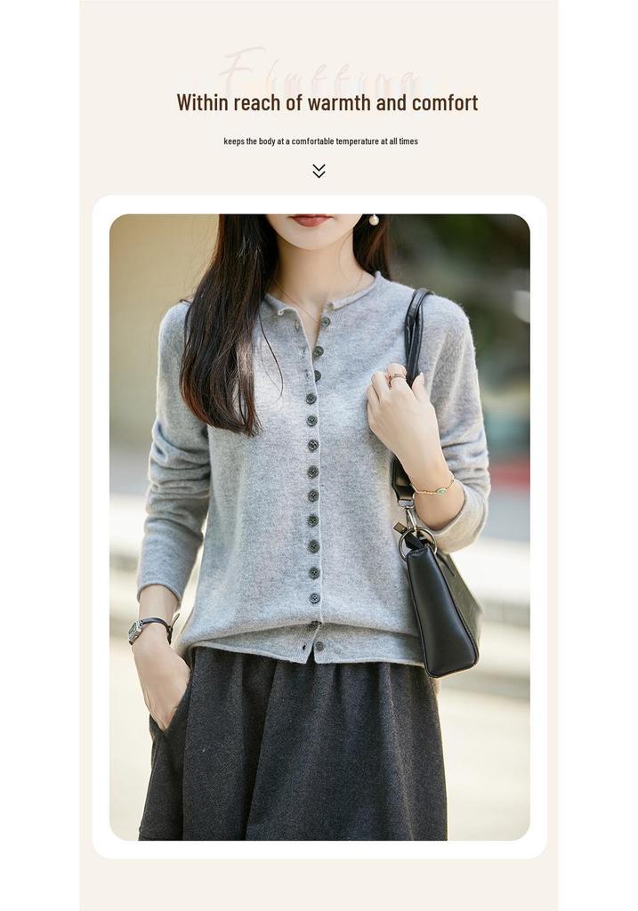 Women's 100% Wool Round Neck Button-Up Cardigan: Autumn/Winter Rolled Hem Knit Sweater