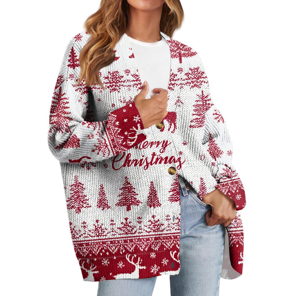 Women's Fashion Long Sleeve Christmas Print V-Neck Button Loose Cardigan Top