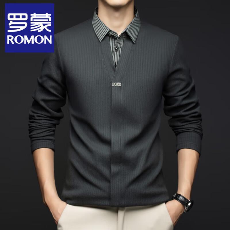 Romon Men's Business Casual Faux 2-Piece Shirt Collar Knitted Sweater