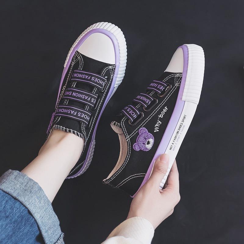 Canvas Shoes Women's New Summer Student Versatile Elastic Band Embroidered Bear Board Shoes One Pedal Lazy Shoes Women