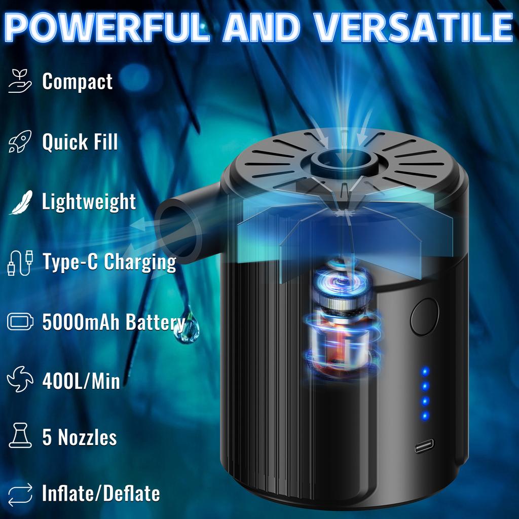 5000mAh Rechargeable Portable Air Pump 2-in-1 Electric Inflator Deflator 400L/min Fast Airflow USB Type-C Mini Air Pump Camping