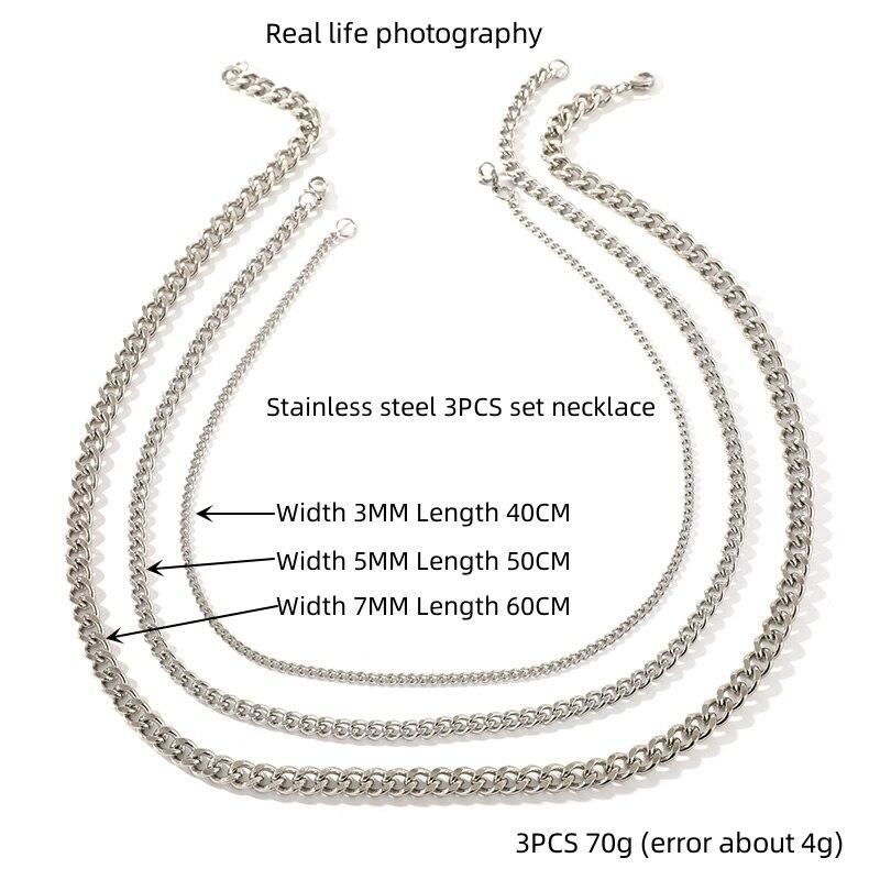 3pcs Necklace Set For Both Men And Women Hip Hop Style Stainless Steel Six Sided Grinding Cuban Chain Minimalist Jewelry