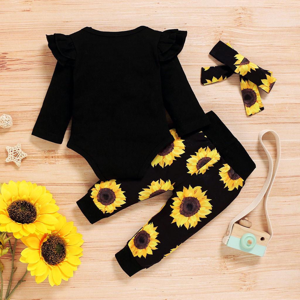 Infant Baby Girls Letter Romper Bodysuit+Sunflower Print Pants+Headband Outfits