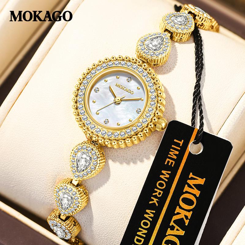 Женские часы-браслет MOKAGO с бриллиантом в форме капли – Перламутр, Водонепроницаемые, Роскошный французский кварцевый дизайн