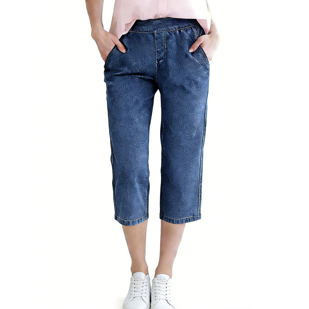 Women’s Mid Rise Elastic Waistband Denim Capris with Pockets Loose Fit Cropped Jeans for Everyday Wear