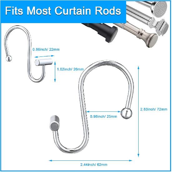 Decorative Shower Curtain Hooks Rust Proof for Bathroom, 12pcs Premium Rust Resistant Hooks Glide Shower Ring Hang Holder T Shape Hooks for Living