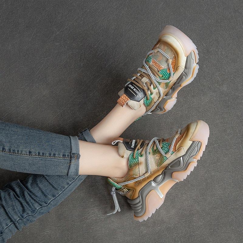 

Retro Color Block Handmade First Layer Cowhide Thick Sole Dad Shoes Women Sneakers 40